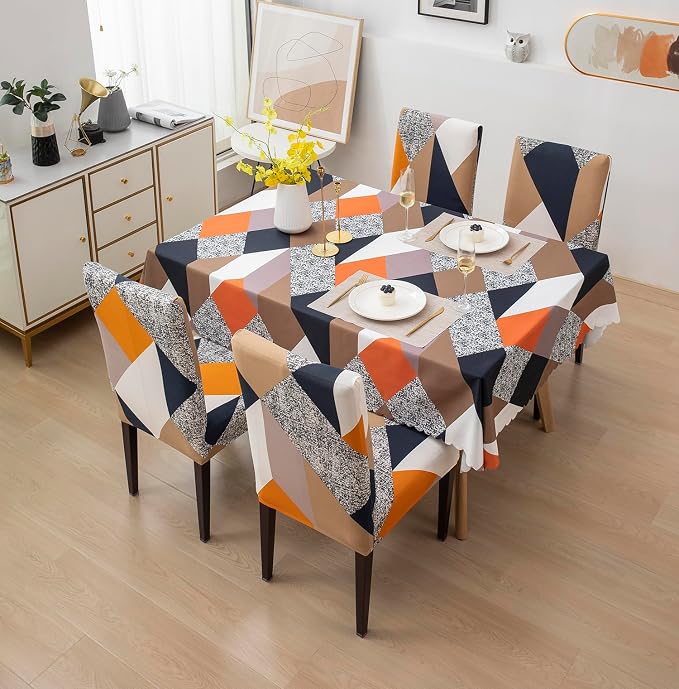 House of Quirk Dining Chair Cover with Table Covers for Kitchen Waterproof Dining Table Cloth (Multi Prism, 1 Table Cover + 4 Chair Cover) Polyester,Rectangular