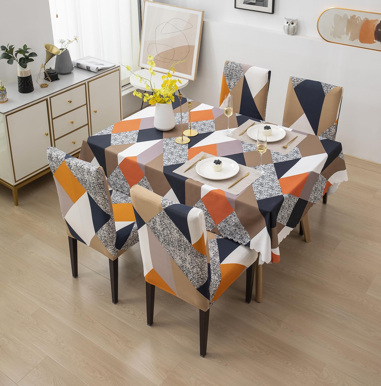 House of Quirk Dining Chair Cover with Table Covers for Kitchen Waterproof Dining Table Cloth (Multi Prism, 1 Table Cover + 4 Chair Cover) Polyester,Rectangular