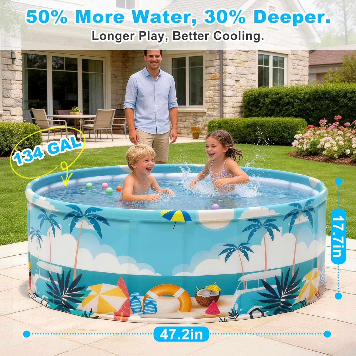 Foldable Swimming Pool for Kids 47.2"x17.7" Hard Plastic Portable Dog Pool Anti-Slip Collapsible Pets Bathtub Kiddie Pool Indoor Outdoor Backyard (Beach Party 48'')