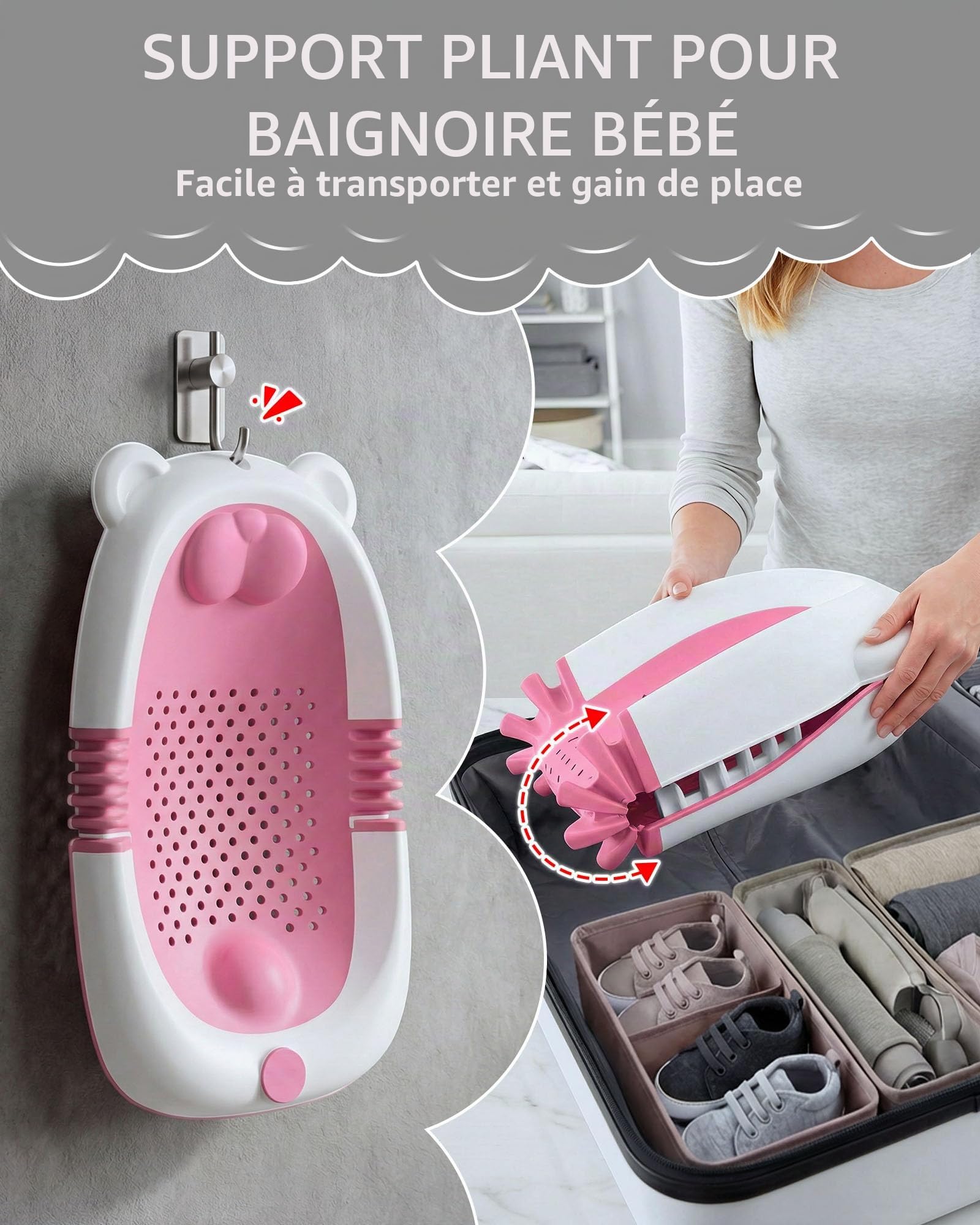 Baignoire pliable pour bébé avec support, siège de bain nouveau-nés, ventouses antidérapantes 0-6 mois