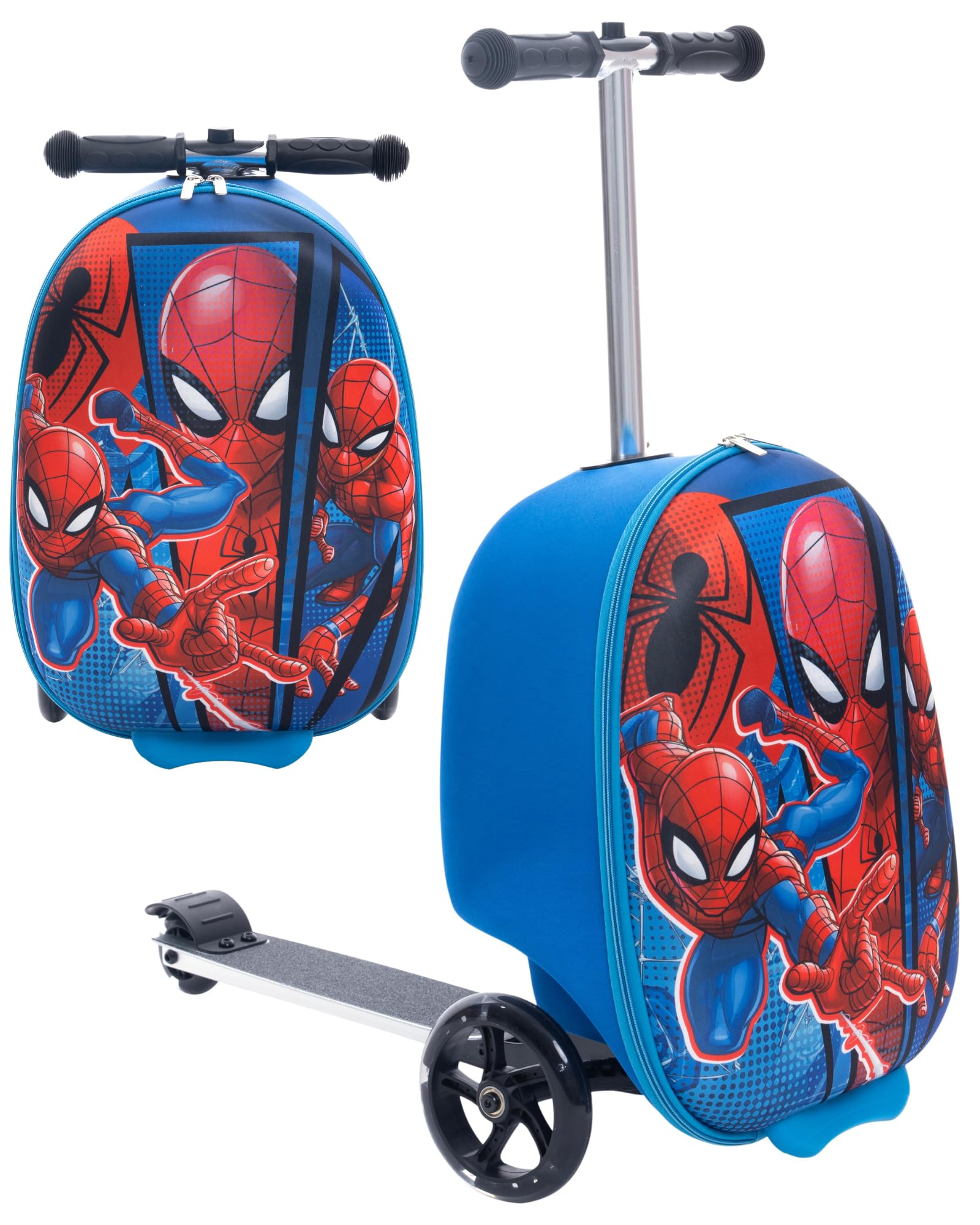 Fast ForwardFrozen Scooter Suitcase for Kids – 18” Lightweight Disney Frozen Luggage for Girls – (Luggage 11lbs and Scooter 100lbs), Blue and White, 18 inches x 19 inches x 13 inches, Spiderman