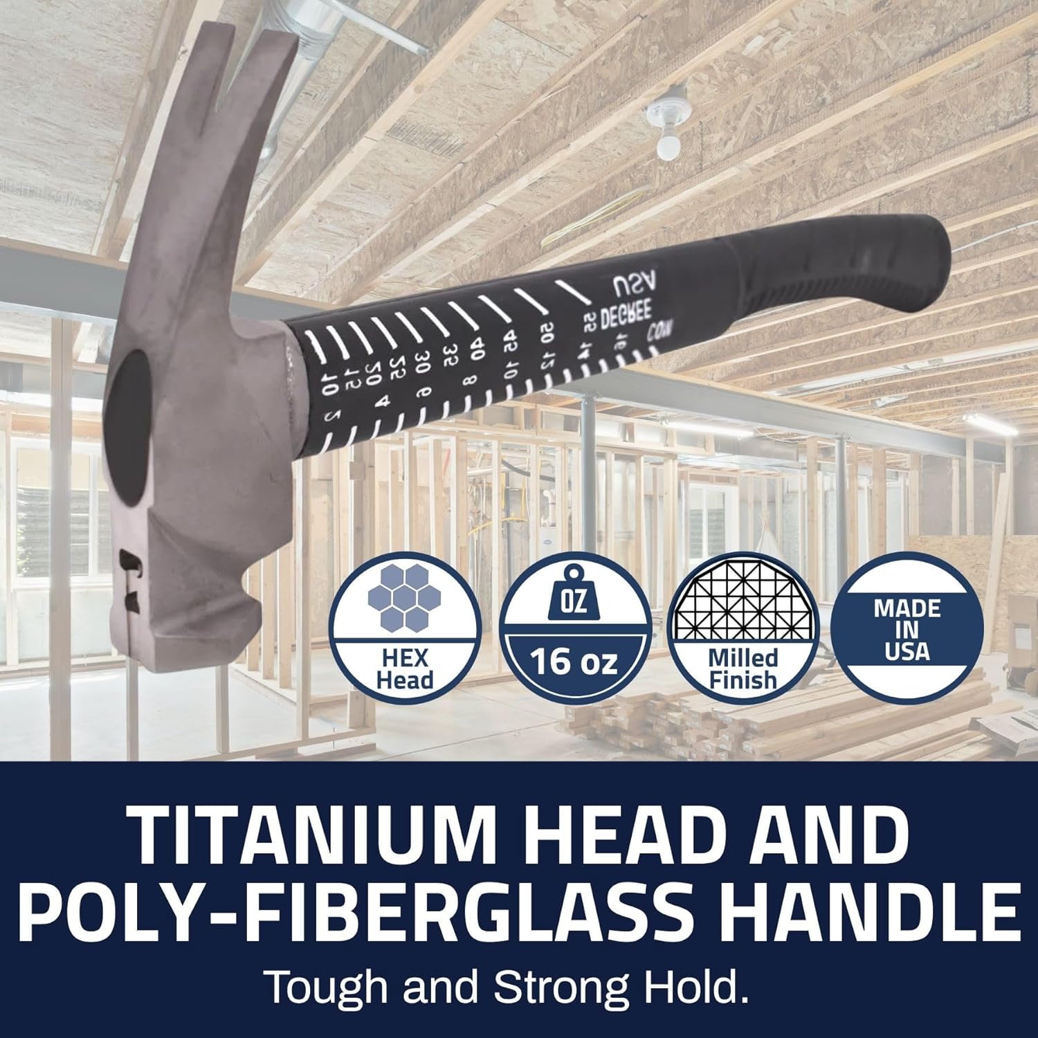 Boss Hammer 16 oz. Construction Grade Ti64 Titanium Hammer with Tough-Fiber Shock-Absorbing Fiberglass Handle - No-Slip Grip, Milled Faced - Made in USA - BH16TIPFM