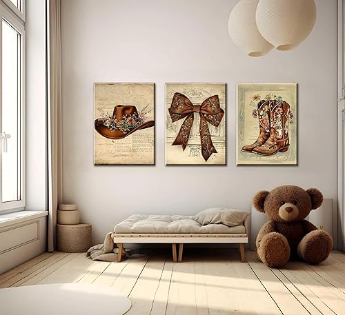 Miniatura 4 de Arte de pared vintage de vaquera occidental con diseño floral retro, botas occidentales, sombrero, moño, pósteres rústicos de vaquera, impresiones