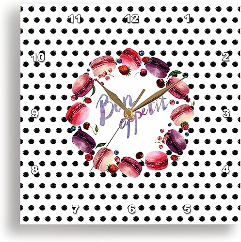 Miniatura 1 de 3dRose Wall Clock Silent - 10 inch - Bon Appetit - Polka Dot Pattern with Macarons Wreath and Typography - Sayings and Typography