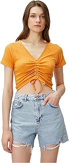 Koton Crop Tişört V Yaka Büzgü Detaylı Tişört Kadın