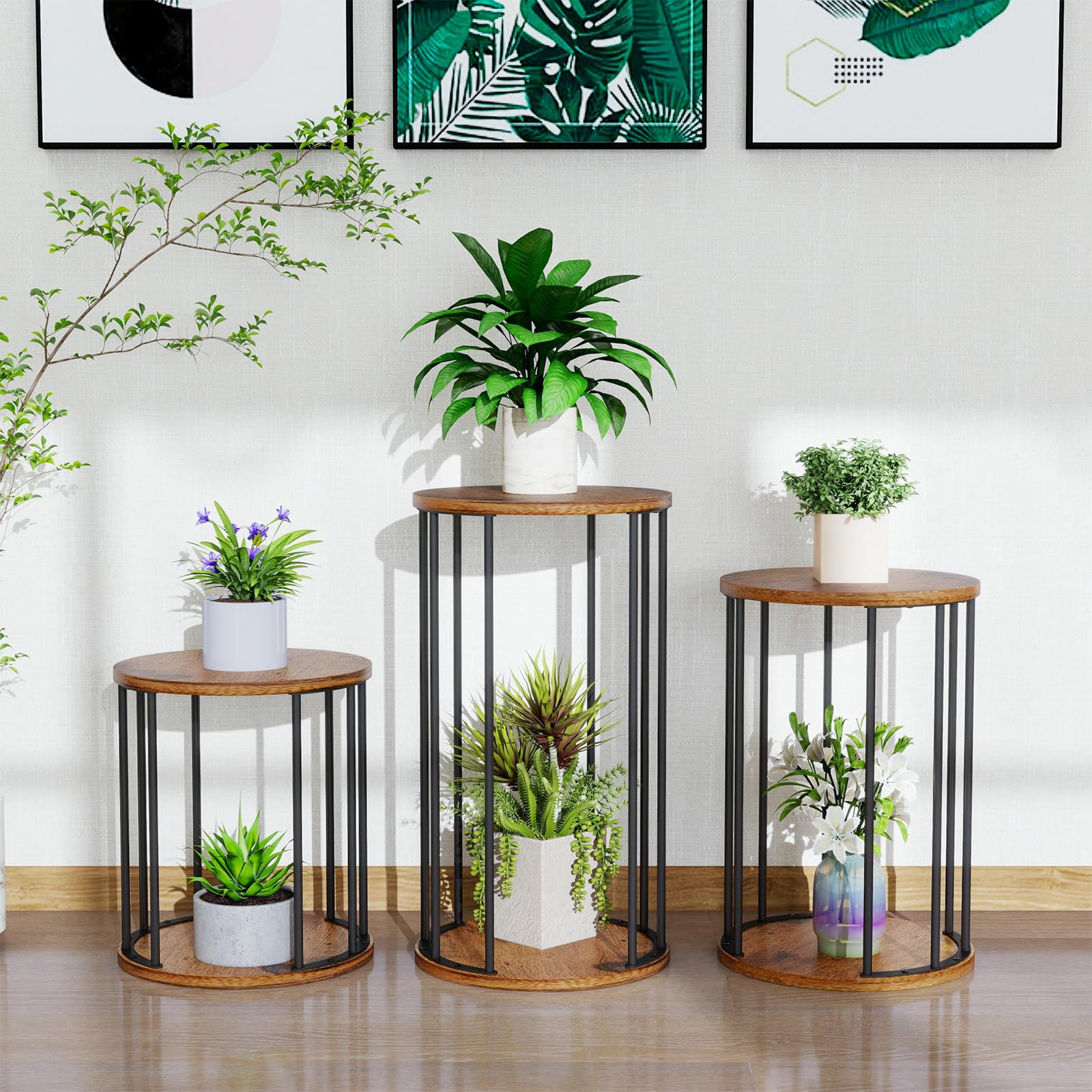 HDANI 3er-Set Rund Pflanzenständer Metall 35/45/55cm,Solider und Robuster Blumenständer für Wohnzimmer, Garten,Balkon, Blumenhocker Holzfür,Vintagebraun-Schwarz