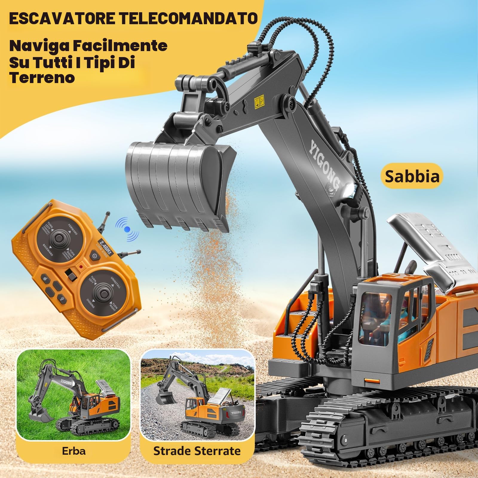Escavatore Telecomandato per Bambini, Escavatori Ricaricabili con Pala in Metallo, Escavatore Idraulico Rc con Luci e Suoni, Giocattolo Scavatore per Ragazzi 6-14 Anni