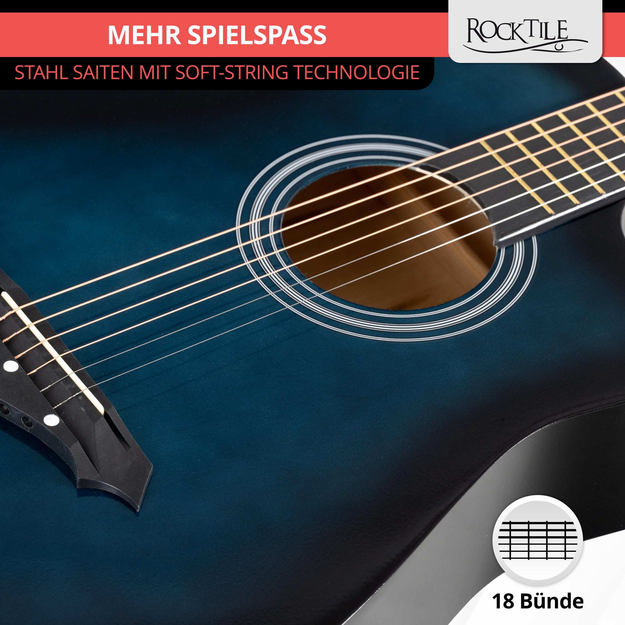 Rocktile WSD-5C-BUB Slim Line Set de Guitares Western - Guitare Acoustique Dreadnought - Corps en Tilleul - Manche : Catalpa - Set incluant housse, cordes de rechange, sangle et médiators - Blueburst