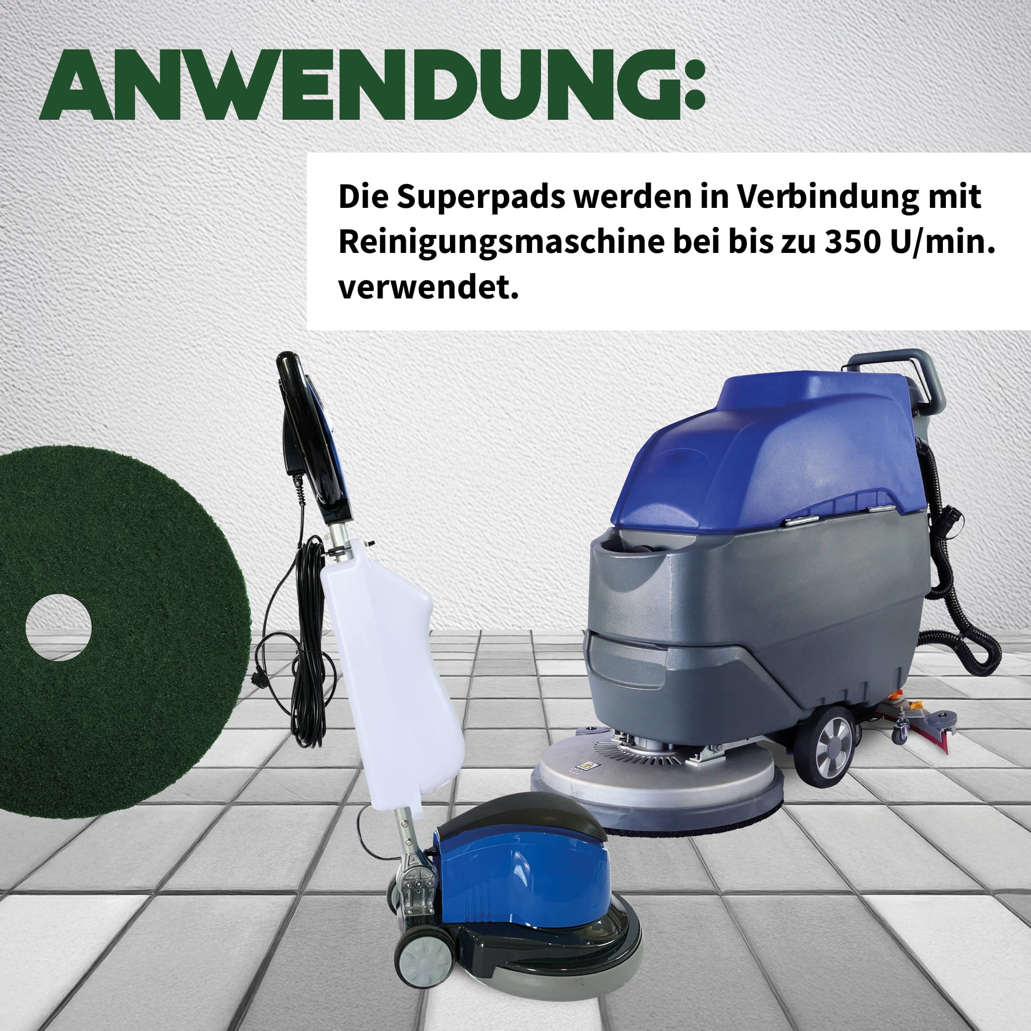 Superpads Maschinenpads aus Polyester 23-25mm - Reinigungspads für Trocken- & Nassanwendung - Hohe Reinigungsleistung für verschiedene Bodenarten (18 Zoll, Grün, 3er Set)