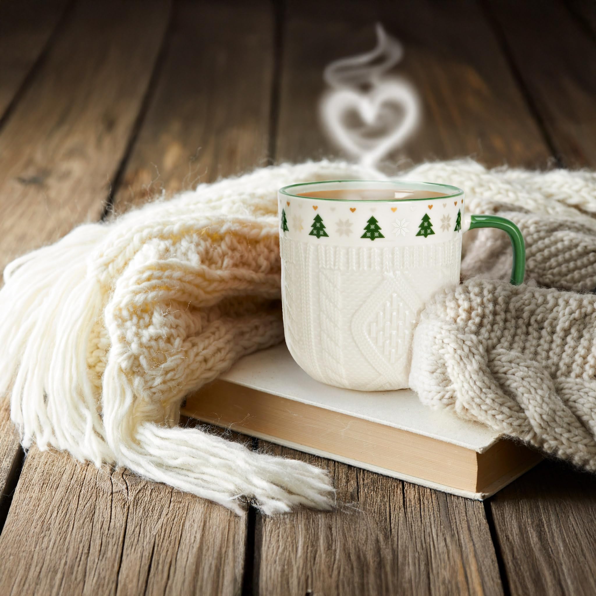 Kaffeetassen 36er Set weiß mit grünem Henkel - Weihnachts-Tassen mit Strickmuster Porzellan 345 ml