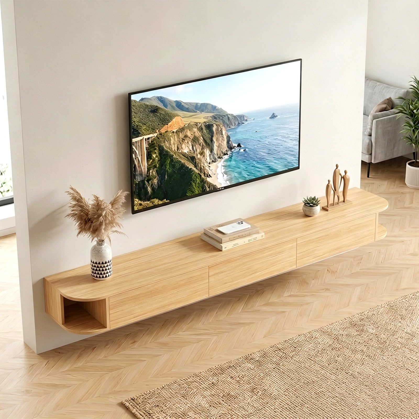 55 "TV galleggiante nd per TV fino a 65" console in legno naturale con Sto Modern Wall Mounted Entertainment Center Slish Home Decor Solut
