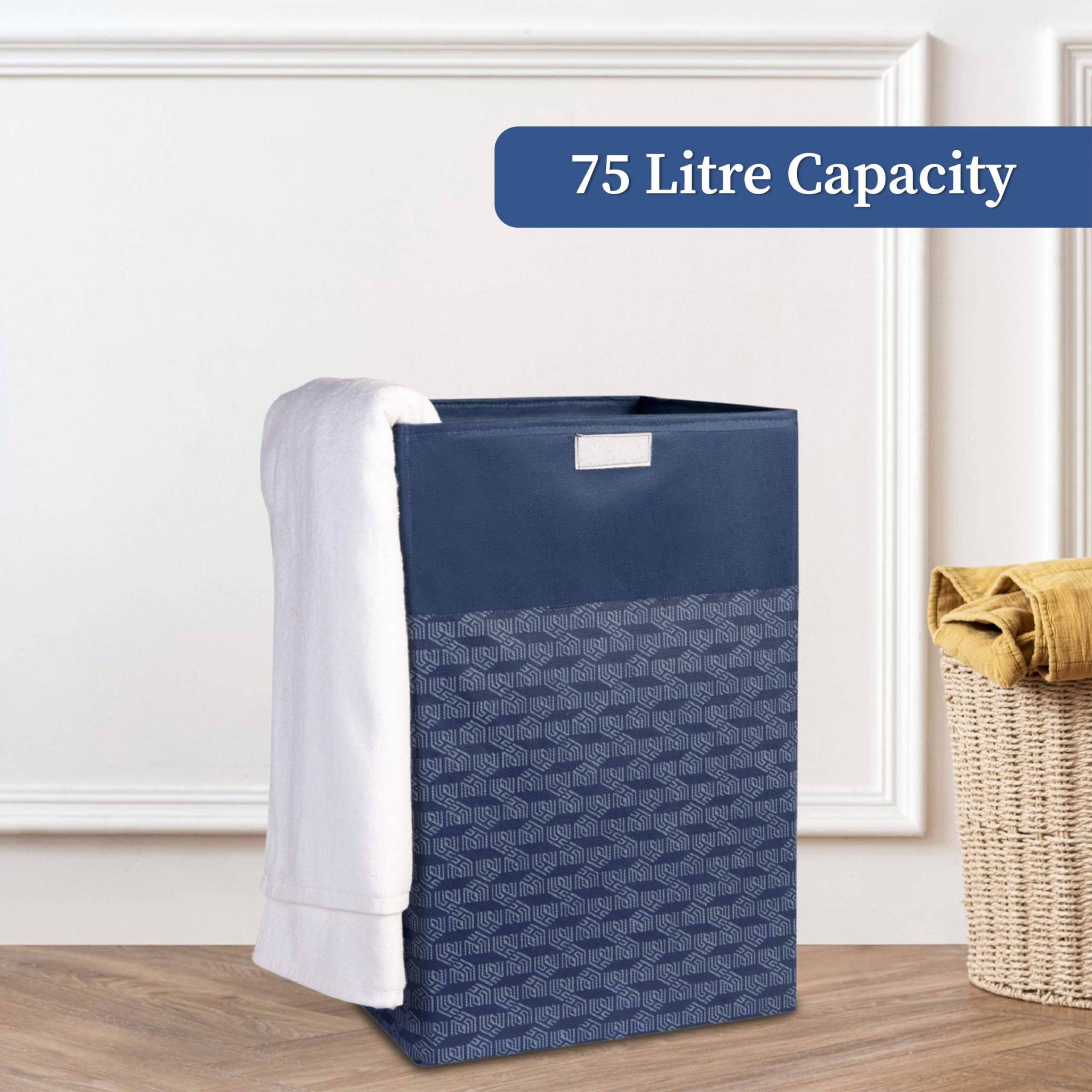 HomeStrap Printed Foldable Laundry Bag/Bin Basket With Lid With Front Handle (75 Litres | Navy Blue)(Polypropylene), 59 cm, 35.6X35.6 cm 1