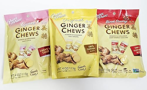 Prince of Peace Natural Ginger Chews Paquete variado 3 sabores Original, lichi, naranja sangre (1 cada uno 4 onzas) 100% natural, sin gluten,