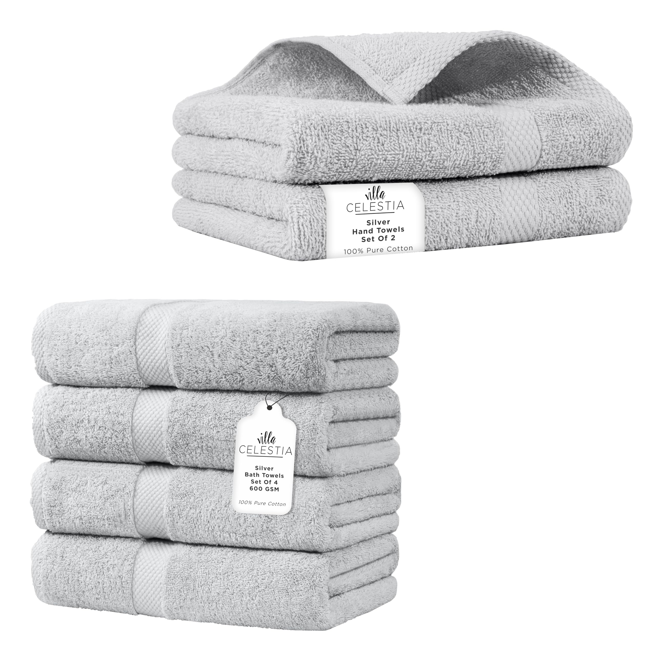 Paquete De 6 Toallas De Baño 100 % Algodón, Color Plateado, Juego De 2 Toallas De Mano, Altamente Absorbentes, Sostenibles, Algodón Peinado, Suave, De Secado Rápido, Toallas De Lujo Para Salón