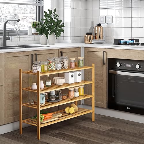 Miniatura 8 de Zapatero largo, organizador de almacenamiento apilable de bambú de 4 niveles, soporte de zapatos para armario, entrada y pasillo