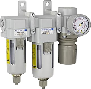 PneumaticPlus SAU330-N03G Three Stage Compressed Air Drying System - Particulate Air Filter, Coalescing Filter, Air Pressure Regulator Combo 3/8" NPT - Poly Bowl, Manual Drain, Gauge