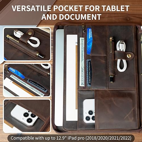 Miniatura 4 de YIWEN Carpeta de 3 anillos hecha a mano de piel de caballo loco con cremallera para hombres y mujeres, organizador de negocios para carta A4 tamaño