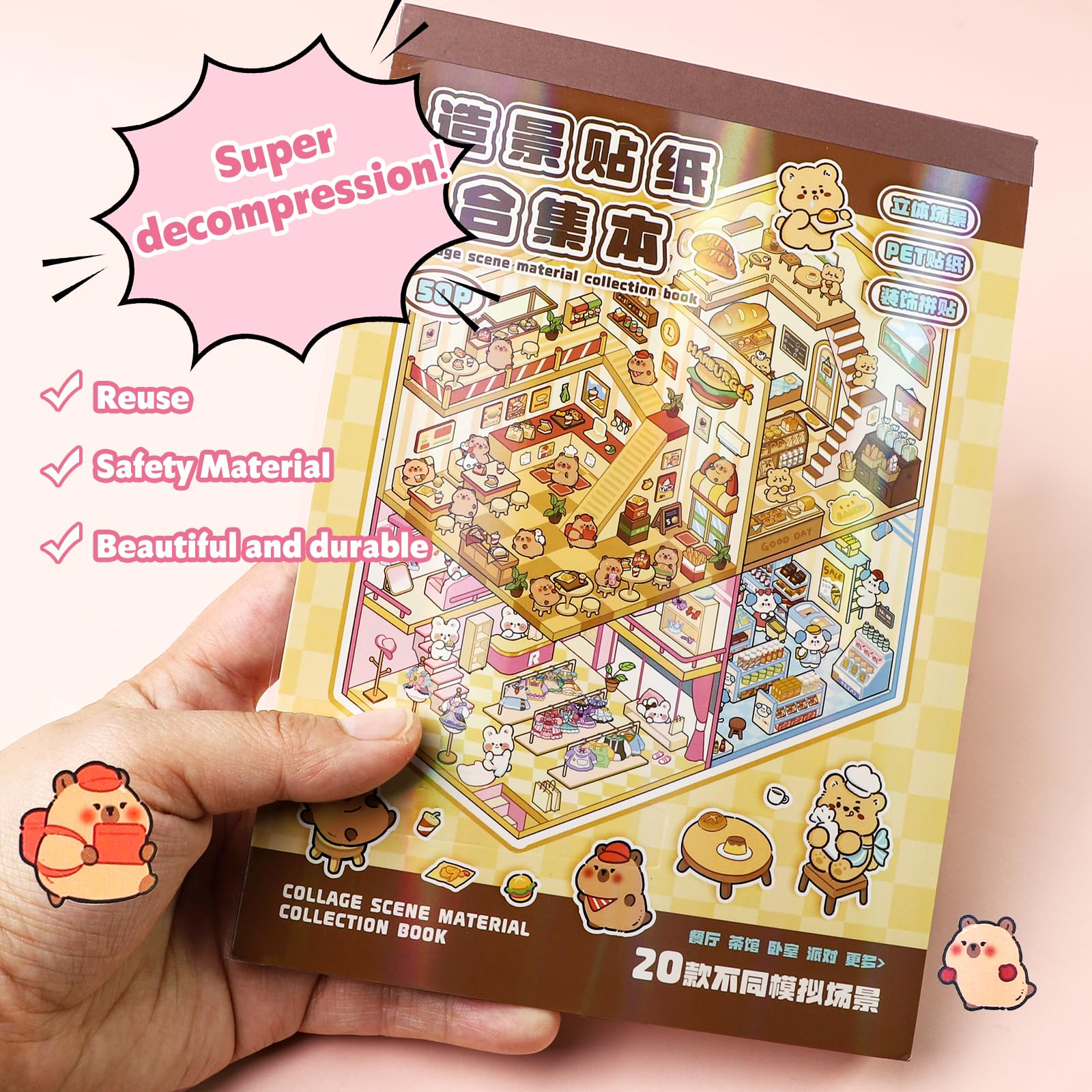 40 zestawów naklejek 3D House – 2 książki Diy Cozy Little Home House Scene Sticker Book Therapy, wielokrotnego użytku, zestaw naklejek na dom, kolekcja książek, miniaturowy dom 3D, z 2 pęsetami dla