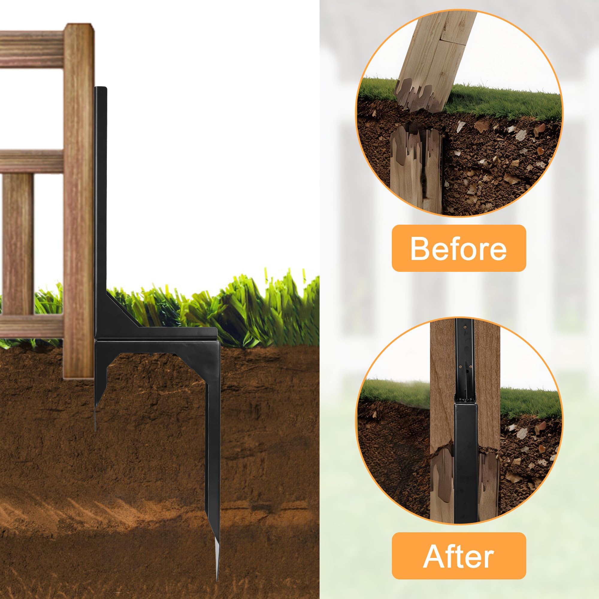Nisorpa Paquete de 2 estacas de reparación de postes de valla, resistentes, soporte ajustable para postes de valla de jardín, estacas de metal para postes de madera inclinados/rotos, buzón
