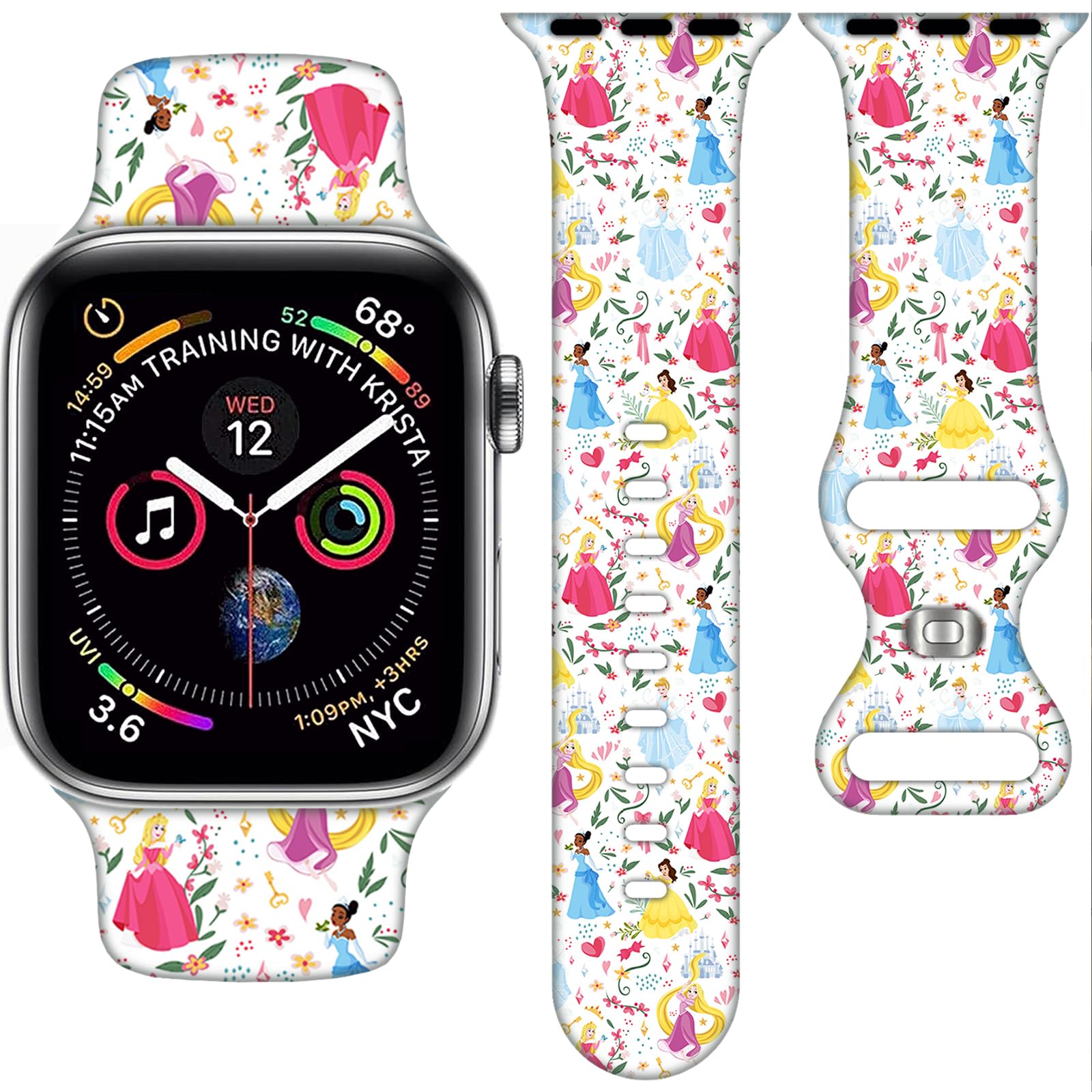 Cartoon Band Compatible with Apple Watch 38mm/40mm/41mm/42mm/44mm/45mm, Princess Bands Replacement for Apple Watch SE2 Series 9 8 7 6 5 4 3, Silicone iWatch Band for Women
