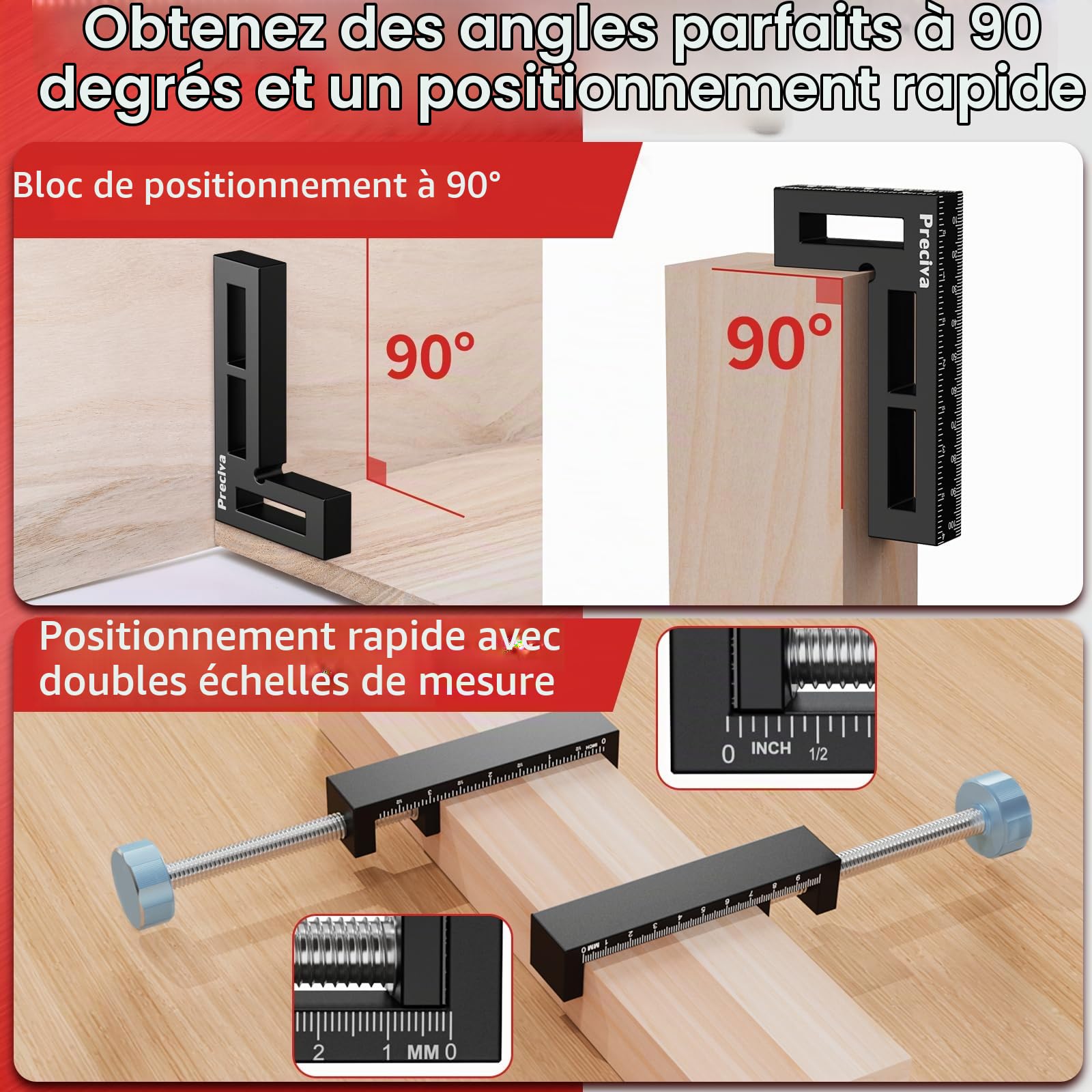 Preciva Bloc de Positionnement à 90 Degrés - Serre Joint D'angle Noir pour Travail à Bois, Pince de Fixation à Angle Droit pour Boîtes, Cadres Photos, Armoires, Tiroirs - 4 Ensembles (10cm/4.1inch)