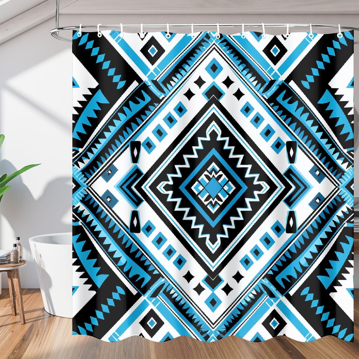 Shower Curtain with 12 Hooks, Aztec Geometric Blue Waterproof Bath Curtain, Decorative Fabric Shower Liner for Bathroom Home Dorm, 72"x72"