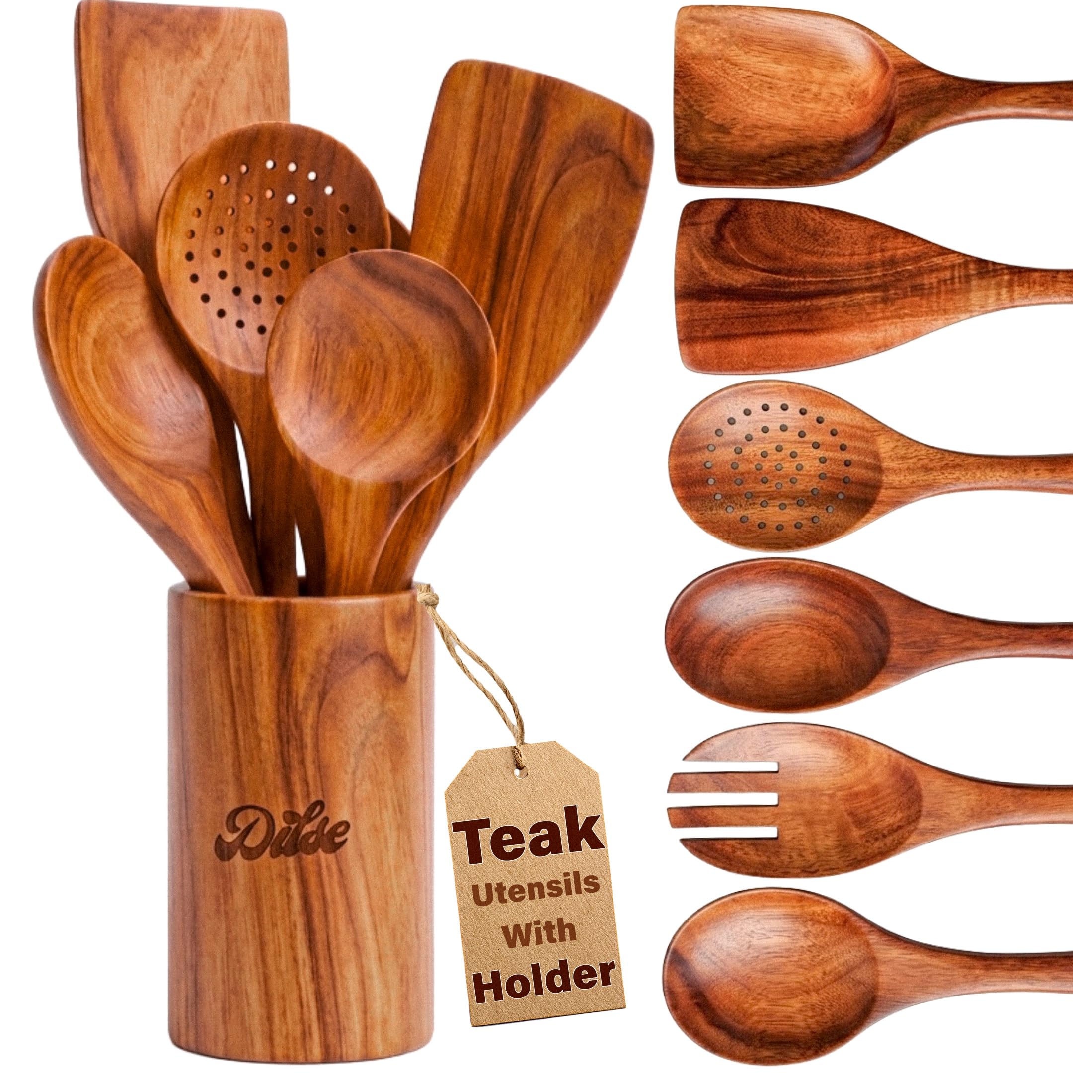 Holzutensilien zum Kochen, Löffel aus Teakholz mit Halter, 7-teiliges Set