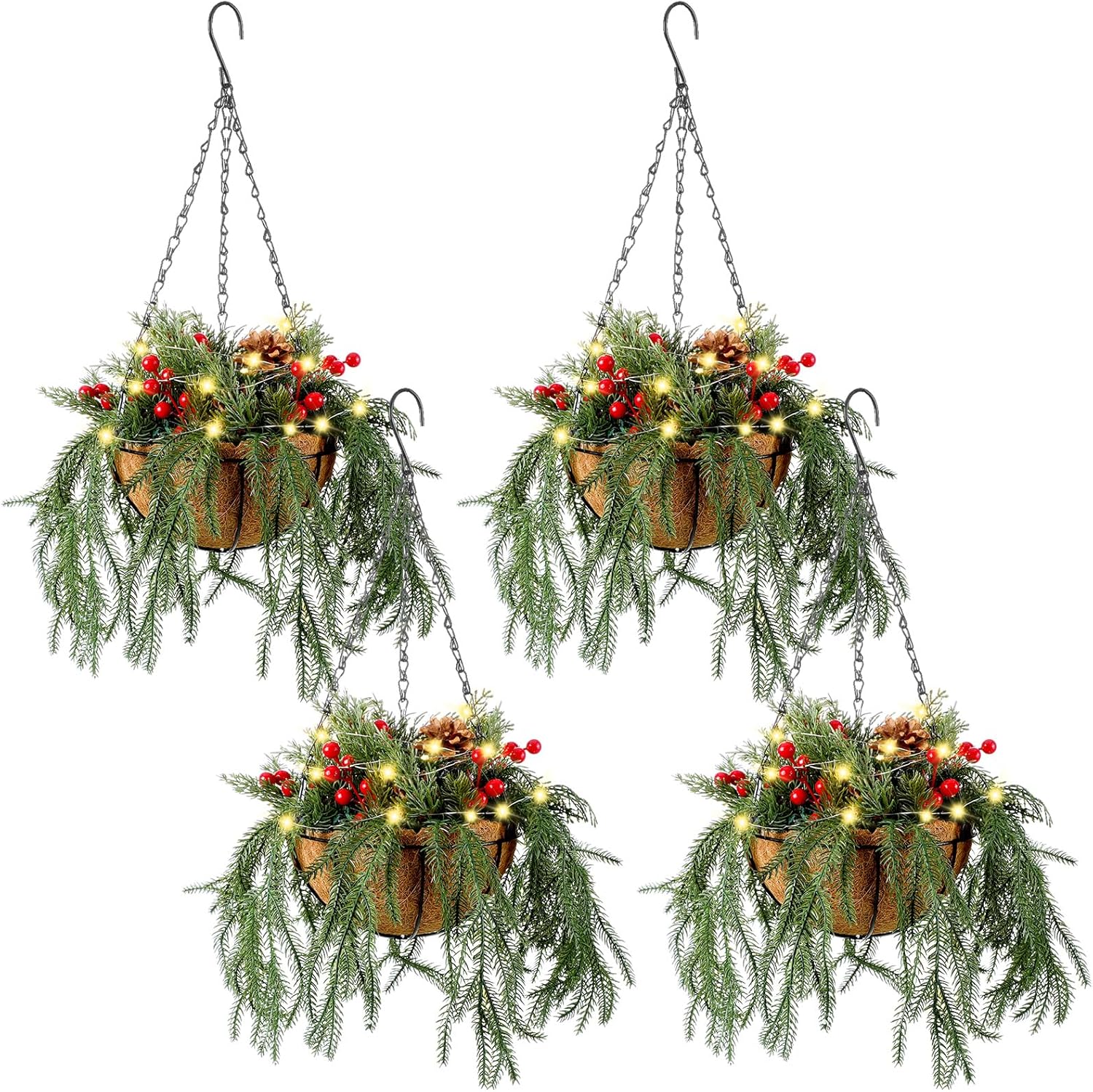 4Pcs 18" Christmas Decorations Hanging Baskets Artificial Basket with Lights Timer for Outdoor Porch with Norfolk Pine Cones Berry Clusters Holiday Winter Xmas Decor for Home Front Door Yard