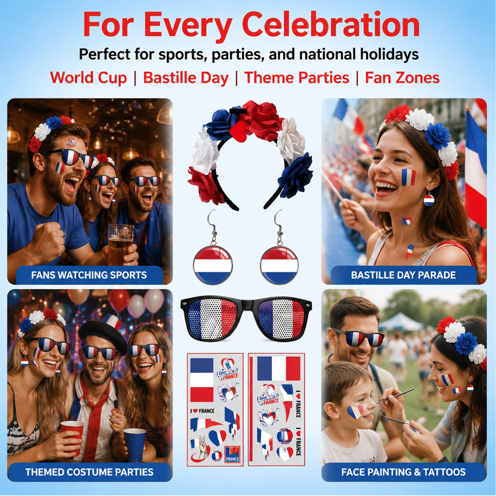 Set d'articles pour supporters français femmes Bleu-Blanc-Rouge - Serre-tête, boucles d'oreilles, lunettes de soleil & tatouages