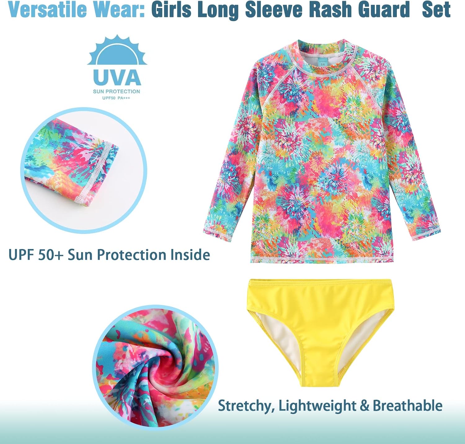 Girls 3 Piece Rash Guard Swimsuits Set Tankini Bathing Suits for Girls Long Sleeve Beach Swimwear 3-16 Years