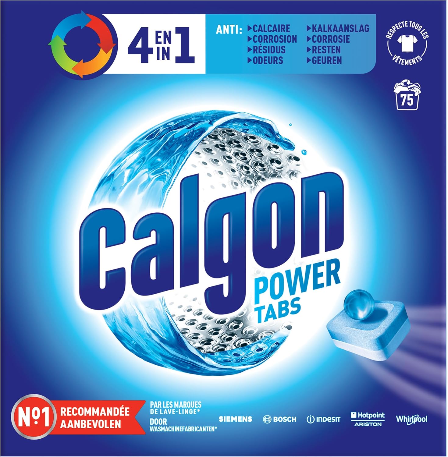 Calgon 4en1, tablettes anticalcaire 4en1, protège et maintient votre lavelinge propre 75