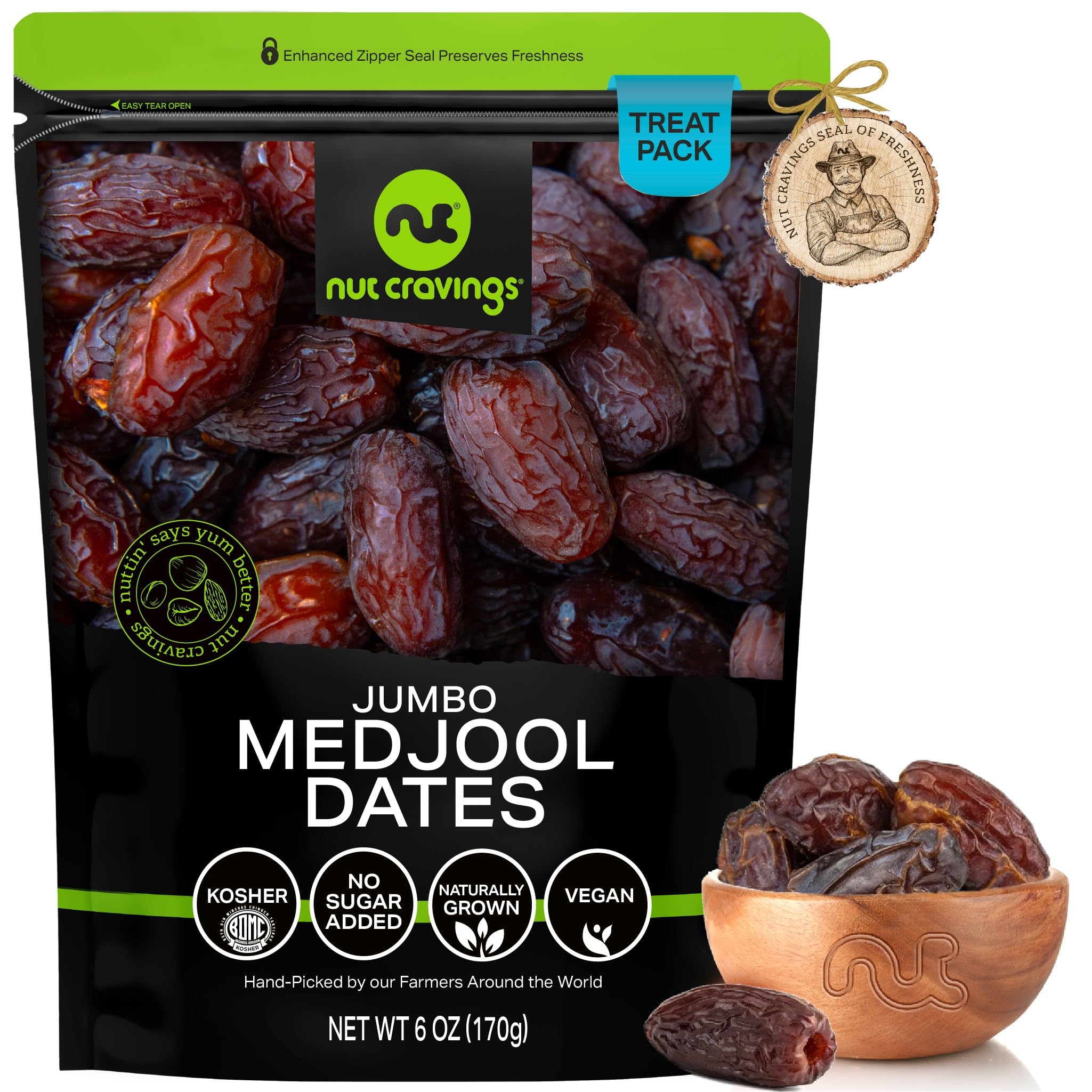 NUT CRAVINGS - Sun Dried Jumbo Medjool Dates, No Sugar Added, Unsulphured (6oz, 1 Pack) Bulk Dry Fruits Packed Fresh in Resealable Bag - Sweet Healthy Snack, Naturally Grown, Vegan, Kosher