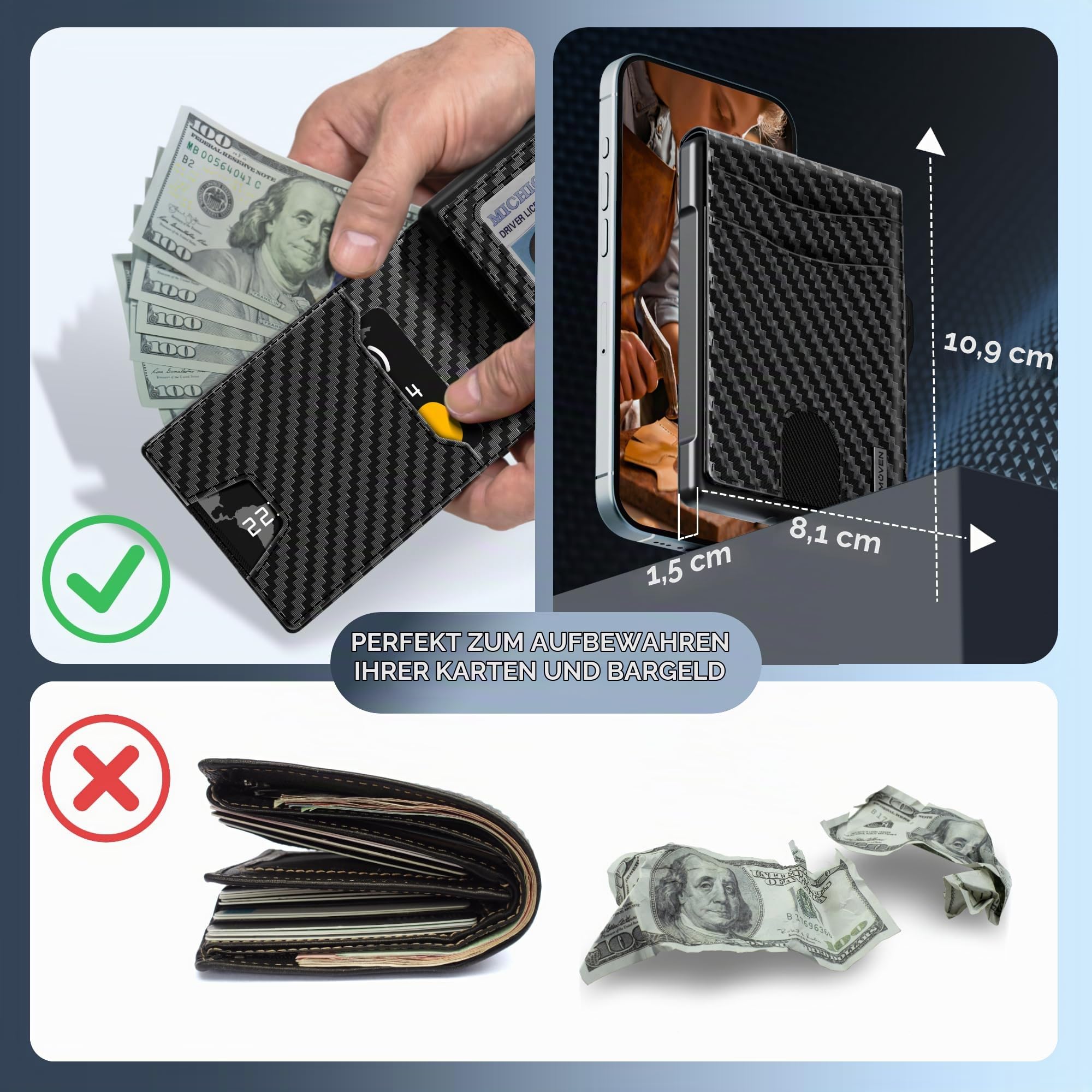 Geldbörse für Herren – Pop-Up-Etui, Bargeldfach und Kreditkartenfach – schlanke Aluminiumgeldbörse mit RFID-Blockierung, minimalistische Leder-Geldbörse mit Ausweisfenster, Geschenkbox (Kohlefaser