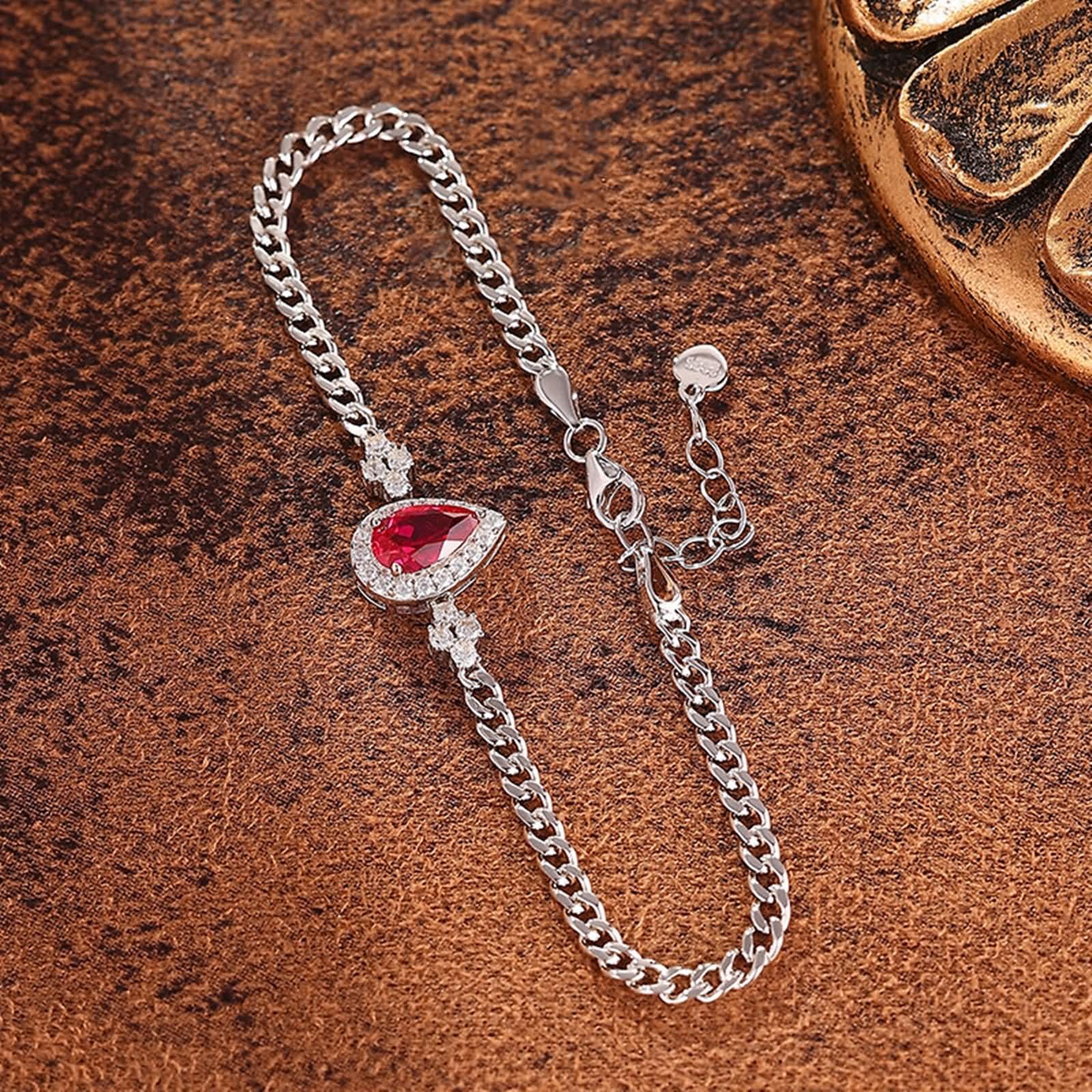 Pulsera Mujer de Oro Blanco de 9Kilates / 14Kilates / 18Kilates, Gota de Agua con Rubí Creado de 1,2 ct y Moissanita, Cadena Extensible 16 CM + 5 CM, Pulseras de Ajustable Mujer Plata Rojo