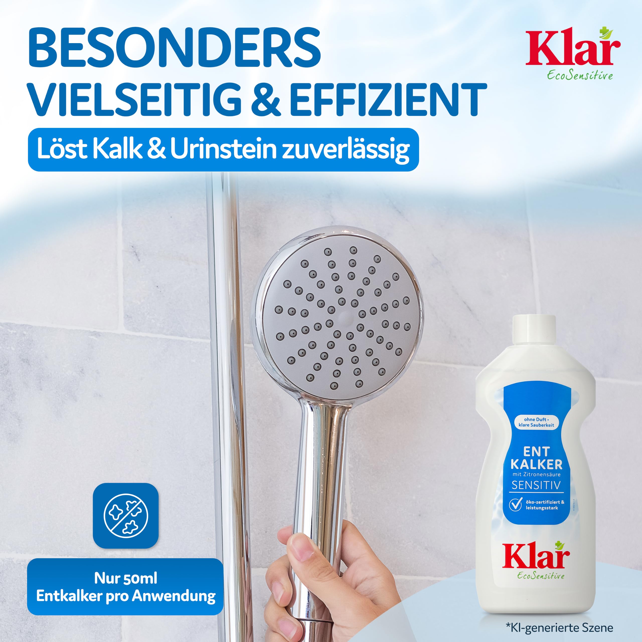 Klar EcoSensitive Entkalker mit Zitronensäure SENSITIV, 500ml - Flüssig | Zitronensäure Entkalker ökozertifiziert - Ideal zum Entkalken von Kaffeemaschine, Wasserkocher, Wasserhahn & Mehr - Vegan