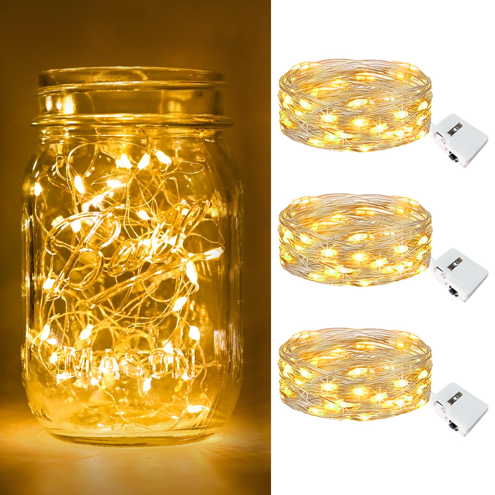 btfarm 3 Pack Fairy Lights Battery Powered 3 Modes, 7FT 20LED Twinkle Lights Battery Waterproof, Mini Small String Lights Silver Wire for Indoor Mason Jar DIY Wedding Christmas Decor, Warm White