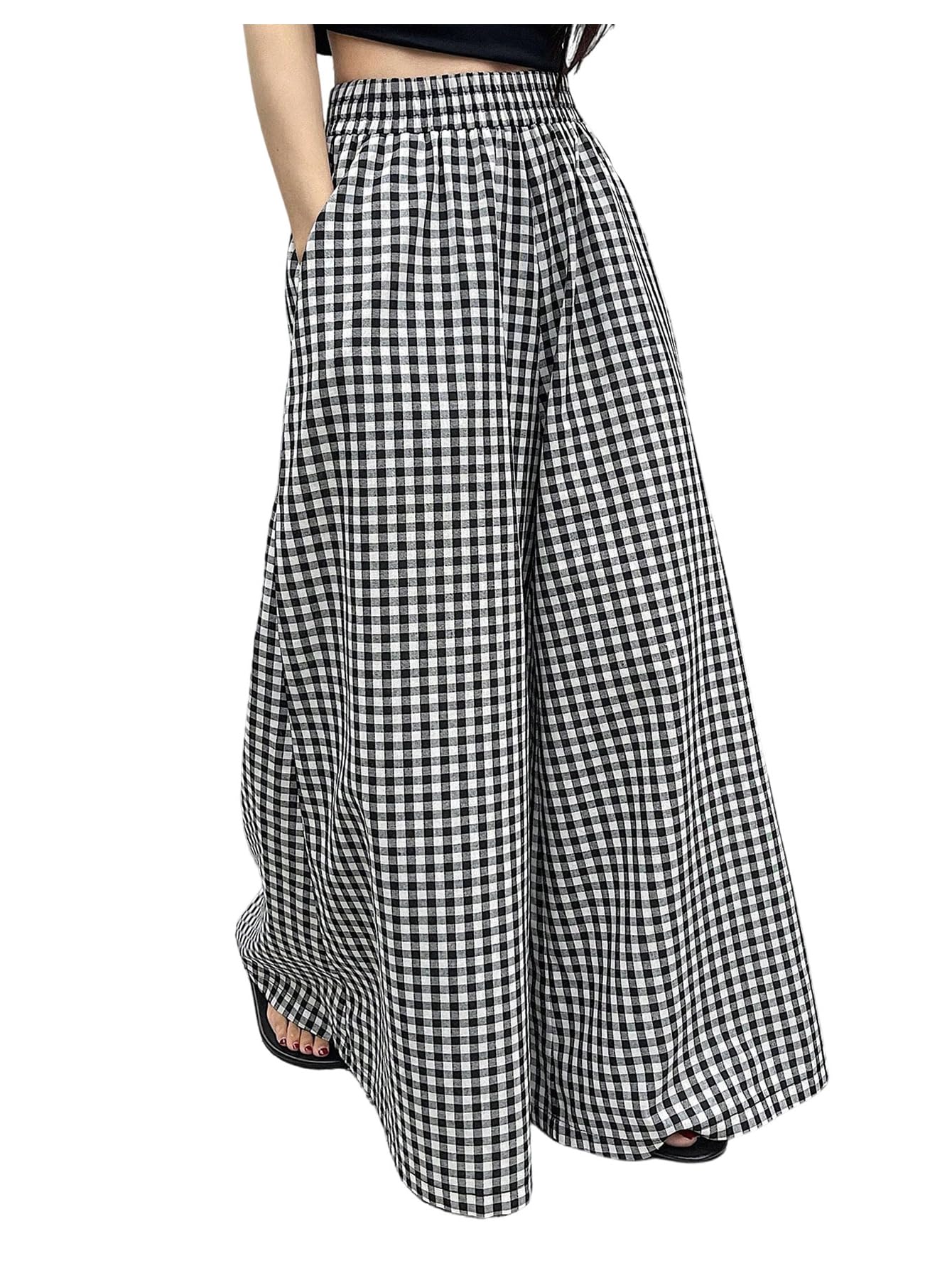 MakeMeChic Womens Plaid Palazzo Pants Elastic Waist Wide Leg Fall Y2K Trousers with Pocket