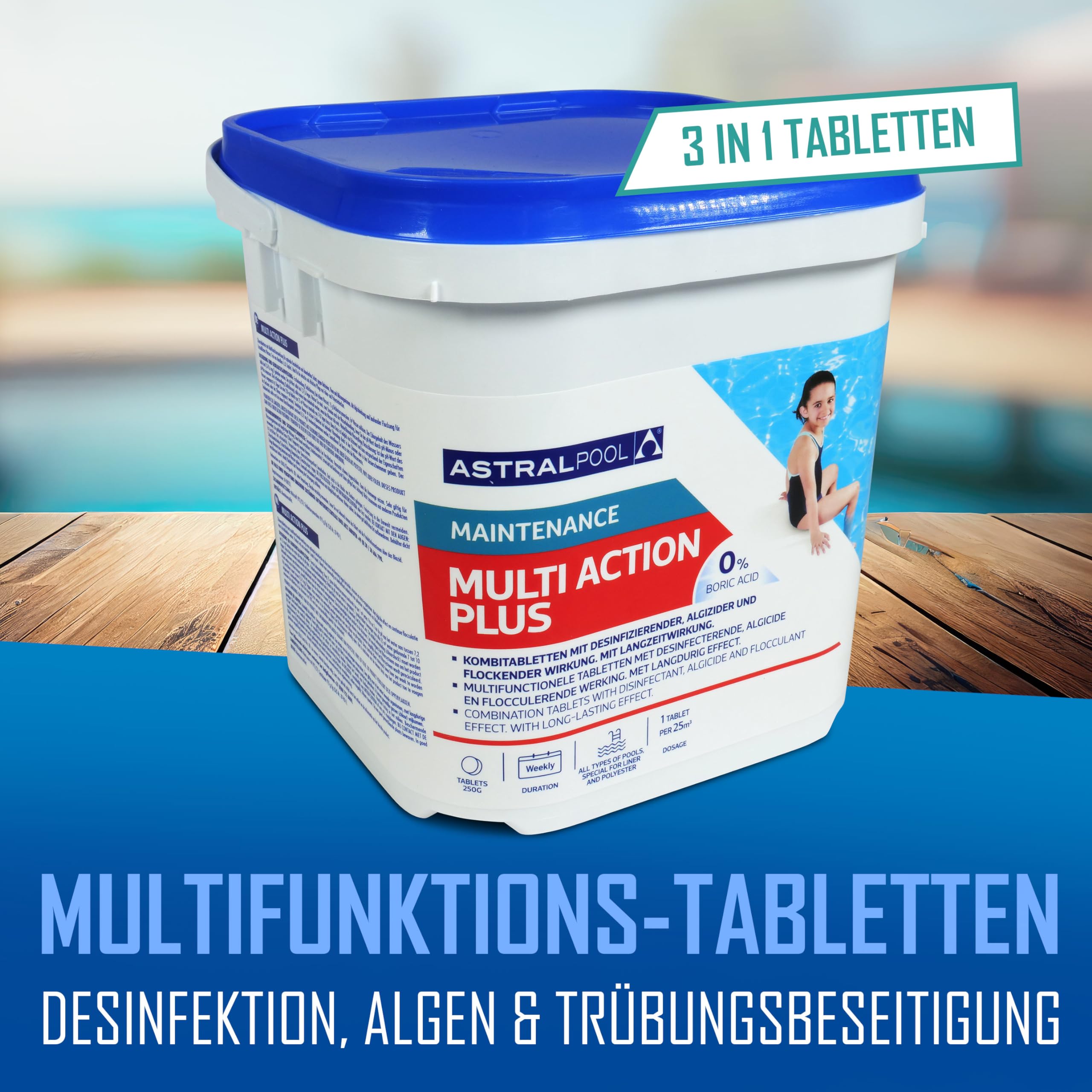Astral Pool Multi Action Plus 10 kg - Langsam lösliche 250g Chlortabletten für Langzeitdesinfektion & Algenverhütung