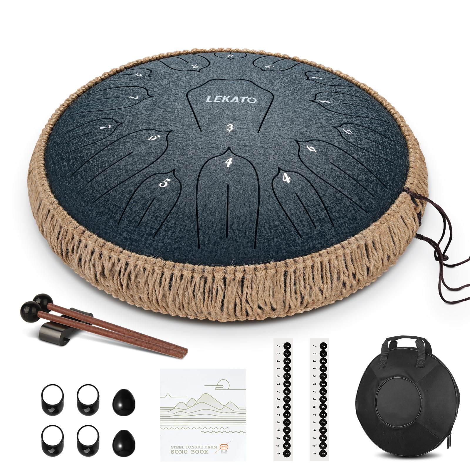 LEKATO Steel Tongue Drum à 15 Notes 14 Pouces, C Key Tambour de Langue Handpan Instrument de Percussion pour Education Méditation de Guérison, Cadeau pour Débutant(Bleu Marine)