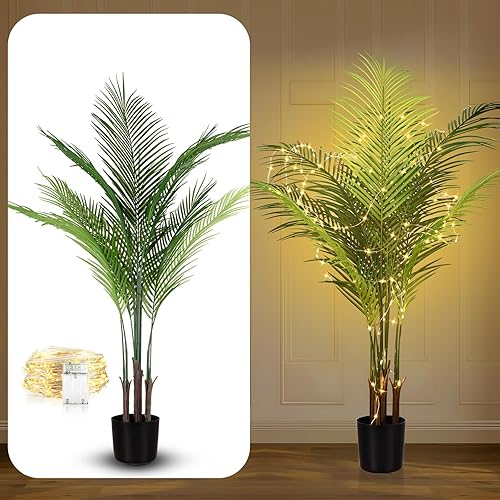 Palmera artificial areca de 3.94 pies de alto, palmera sintética tropical con 100 luces LED blancas cálidas, 10 hojas, palmera falsa para el hogar,