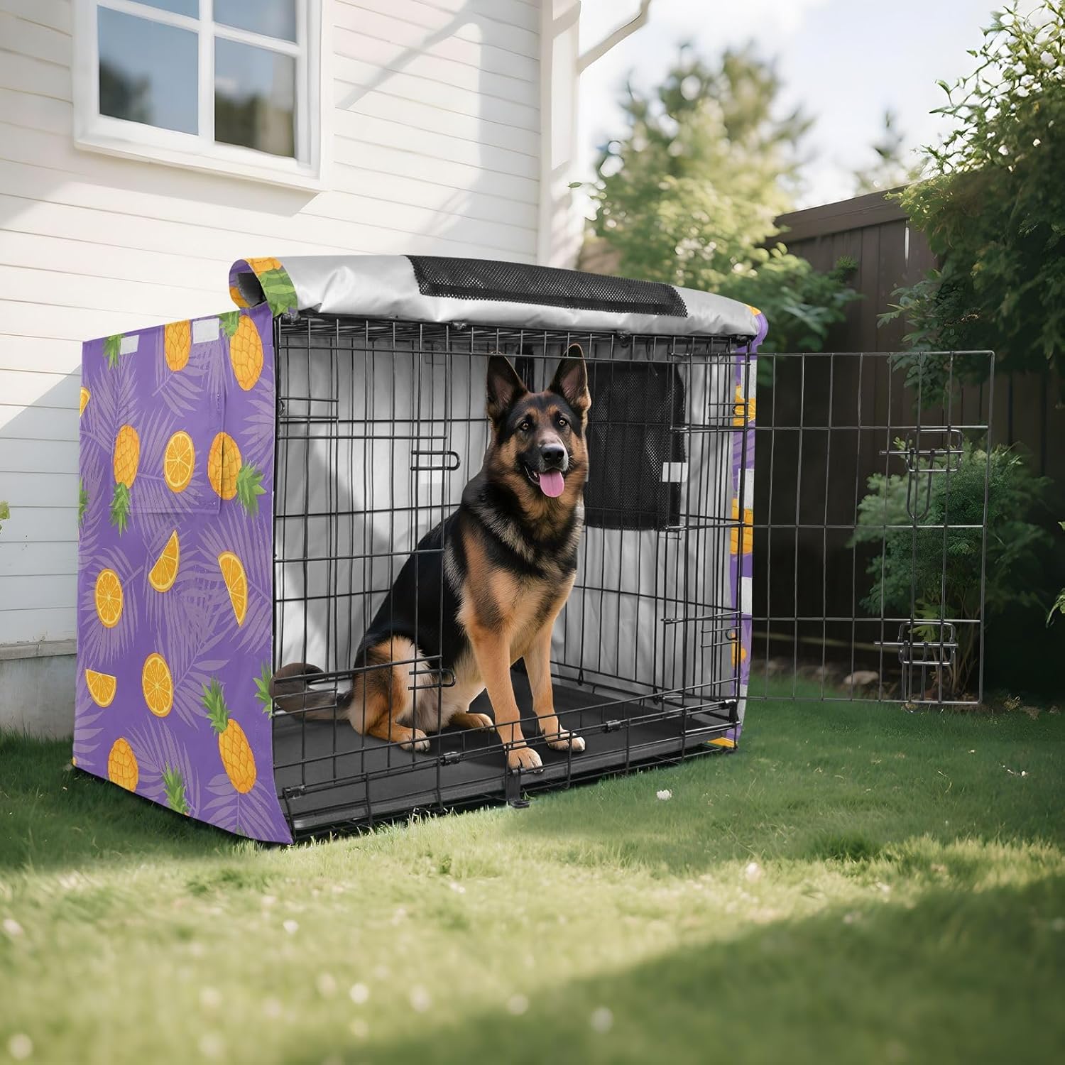 Tropical Pineapples Dog Crate Cover 600D Oxford Pet Kennel Cover with Mesh Window for Dog Cages, Windproof Waterproof Machine Washable, 42"x28"x30"