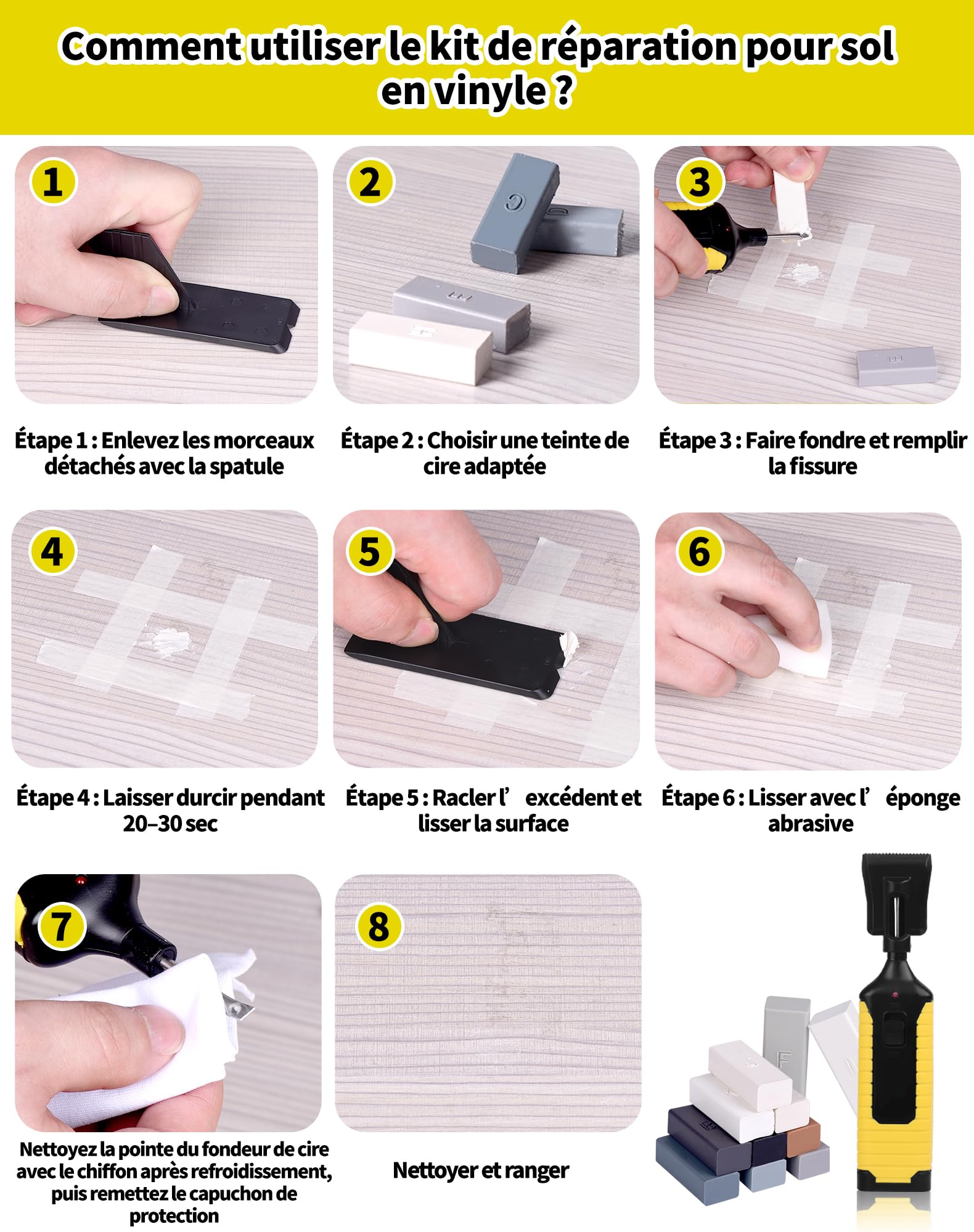 Lot de 15 kits de réparation de sol en vinyle, vinyle PVC et plastique - Kit de réparation pour parquet stratifié, parquet, bois et vinyle, 11 couleurs - Cire dure
