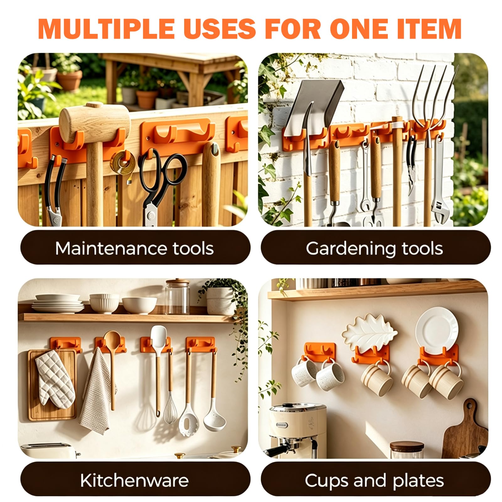 4 PCS ganci per Attrezzi Sospesi da Giardino, Portascopa da Muro, Arancione | Supporto Attrezzi Giardino con Viti Abbinate, portascopa da muro, per cucina, bagno, ingresso, garage e officina