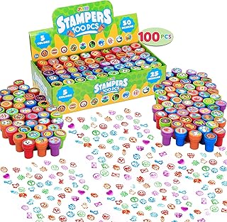 100 Pcs Assorted Stamps for Kids Self-Ink Stamps (50 Different Designs, Plastic Stamps, Emoji Stampers, Dinosaur Stampers, Zoo Safari Stampers) for Easter Egg Stuffers, Party Favor, Teacher Stamps