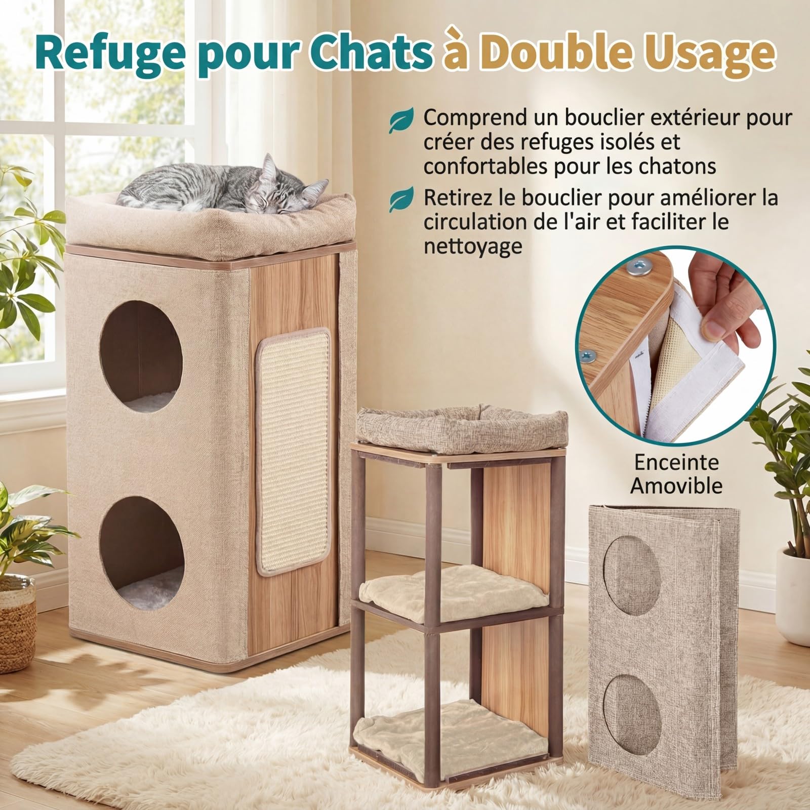 GOPLUS Tonneau à Gratter pour Chat 3 Niveaux 71CM, Surface Peluche (Beige)