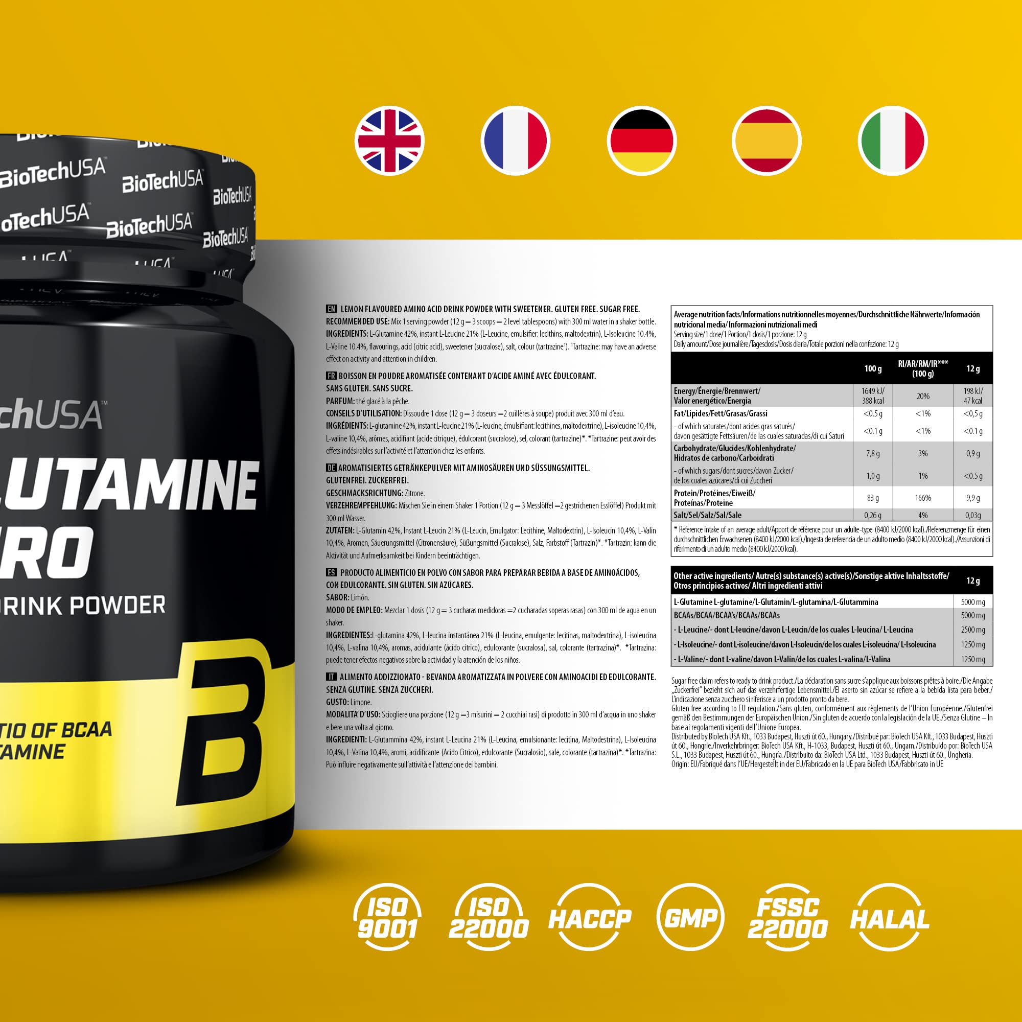 BioTechUSA BCAA + Glutamine Zero | 40 portions | Vegan | Sans sucre | Sans gluten | Rapport 2:1:1 BCAAs | 480 g | Citron