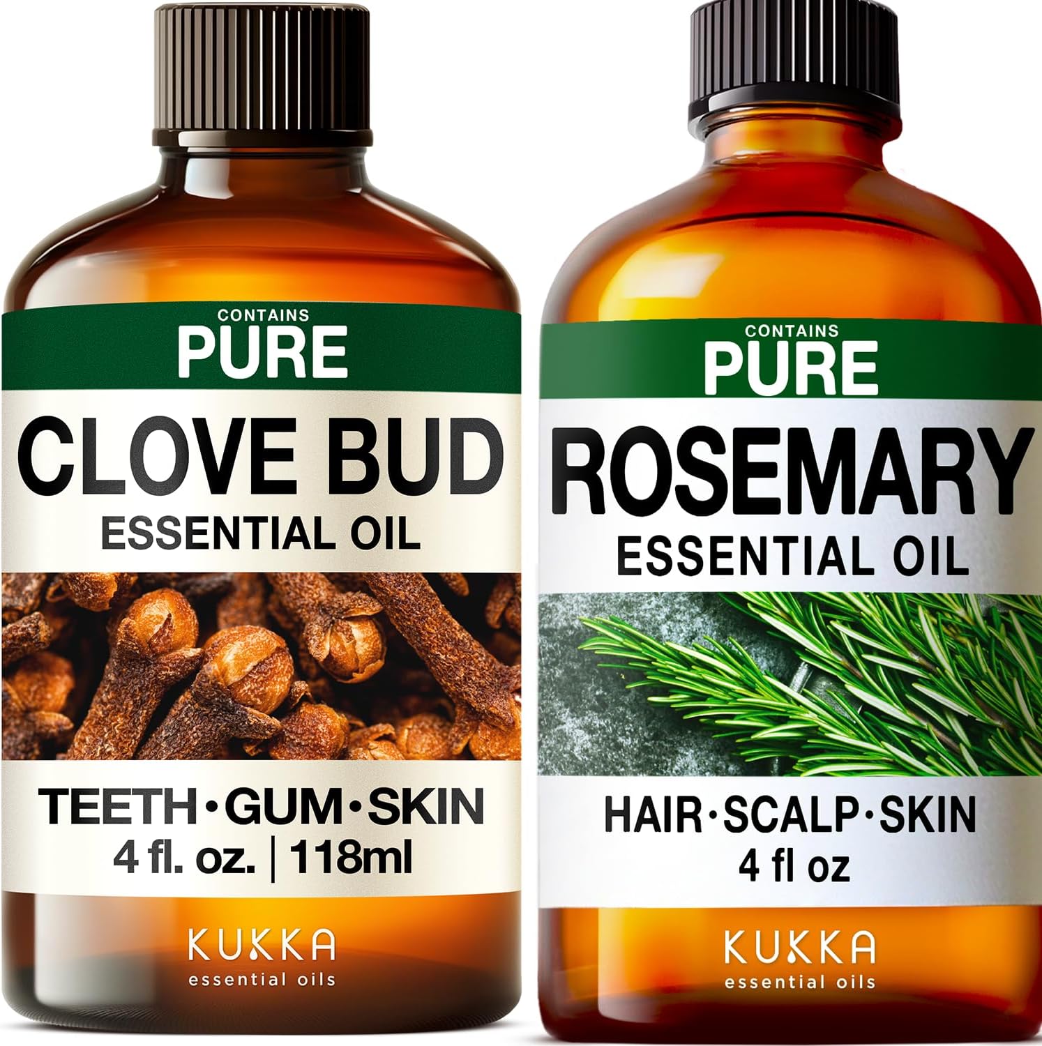 Clove Oil for Oral Care & Rosemary Oil for Hair Set - Aromatherapy Grade Essential Oils Set - 2x4 fl oz - Kukka