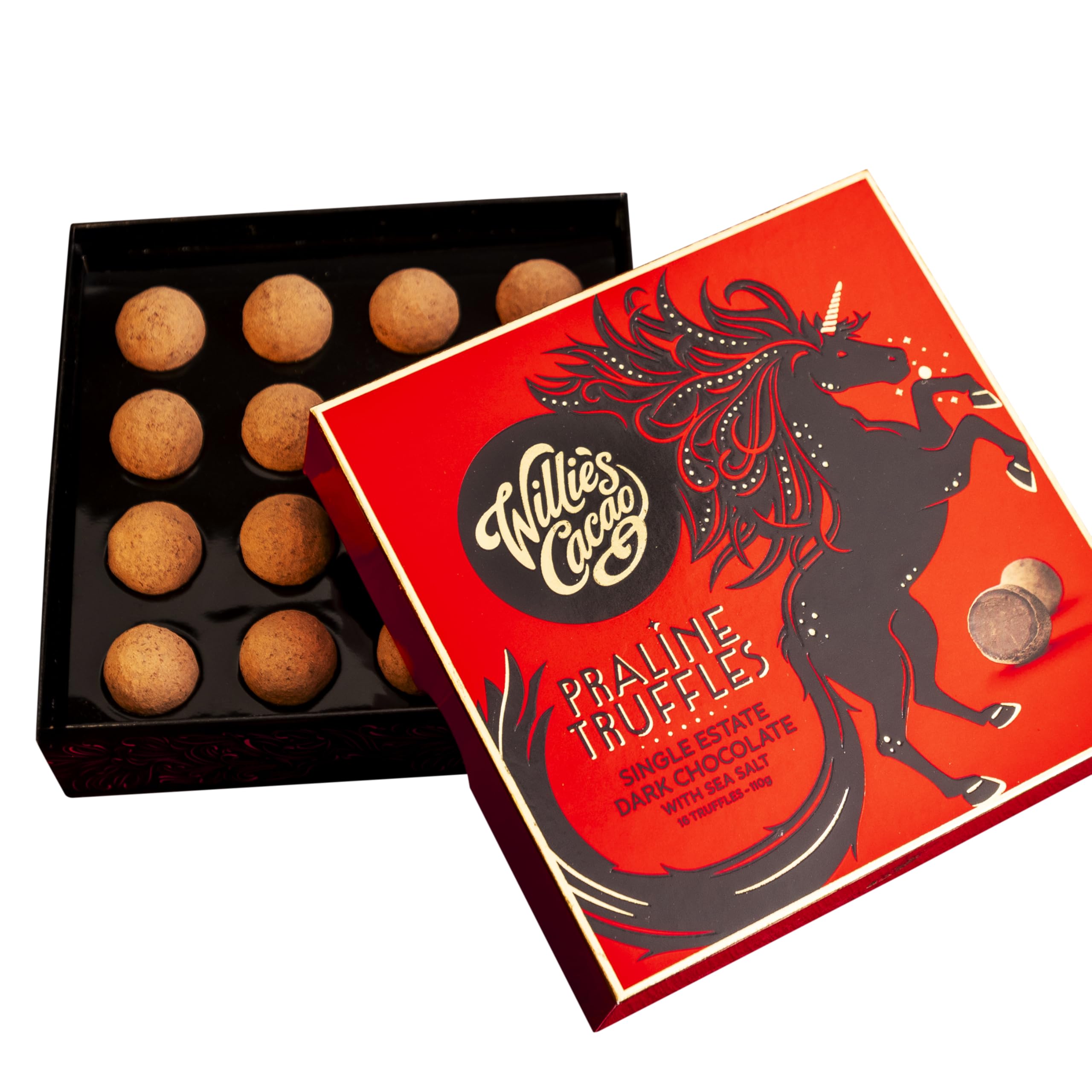 Willie's Cacao - Chocolate Truffle Gift Box - Dark chocolate praline truffles with Cornsish sea salt - Vegan chocolate truffles - 16 truffles, 110g - Artisan Chocolate - 100% Natural