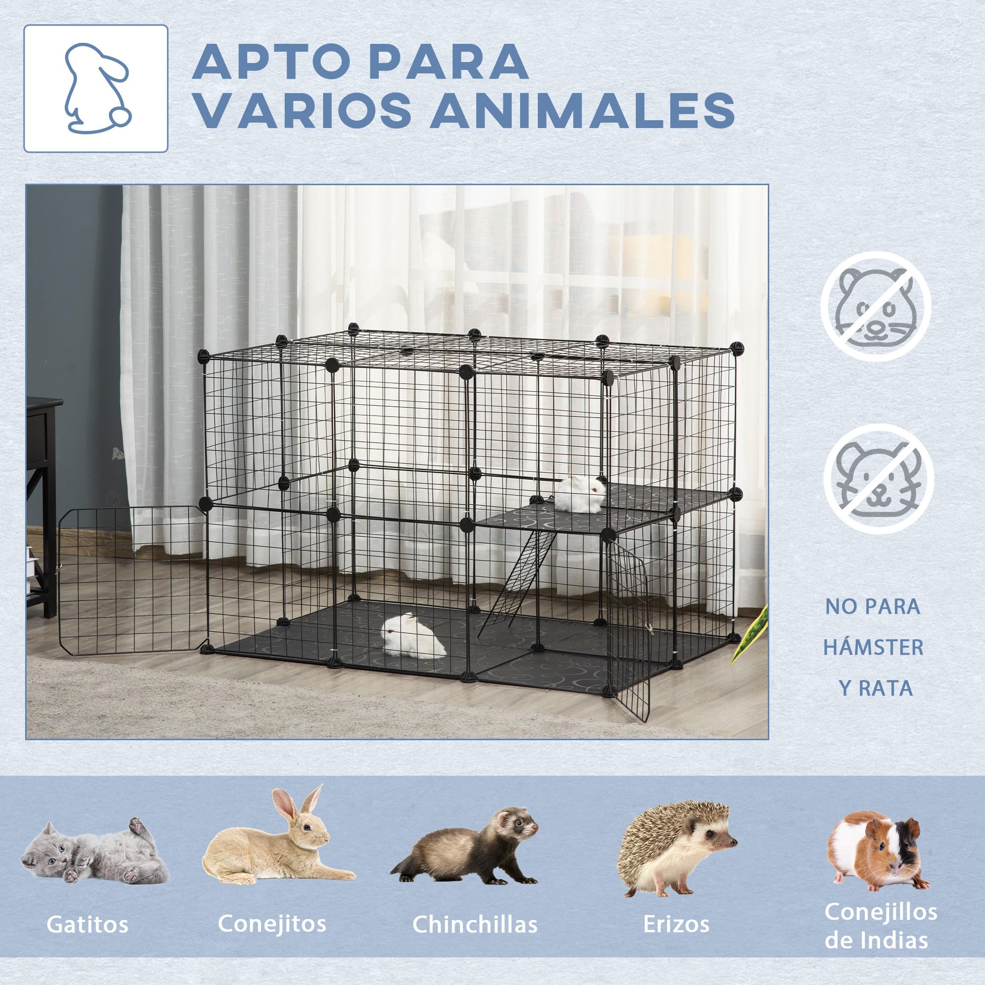PawHut Jaula para Animales Pequeños de 38 Paneles Parque para Mascotas Forma Personalizable Valla Metálica para Cobayas Conejos Chinchillas 70x70x105 cm Negro