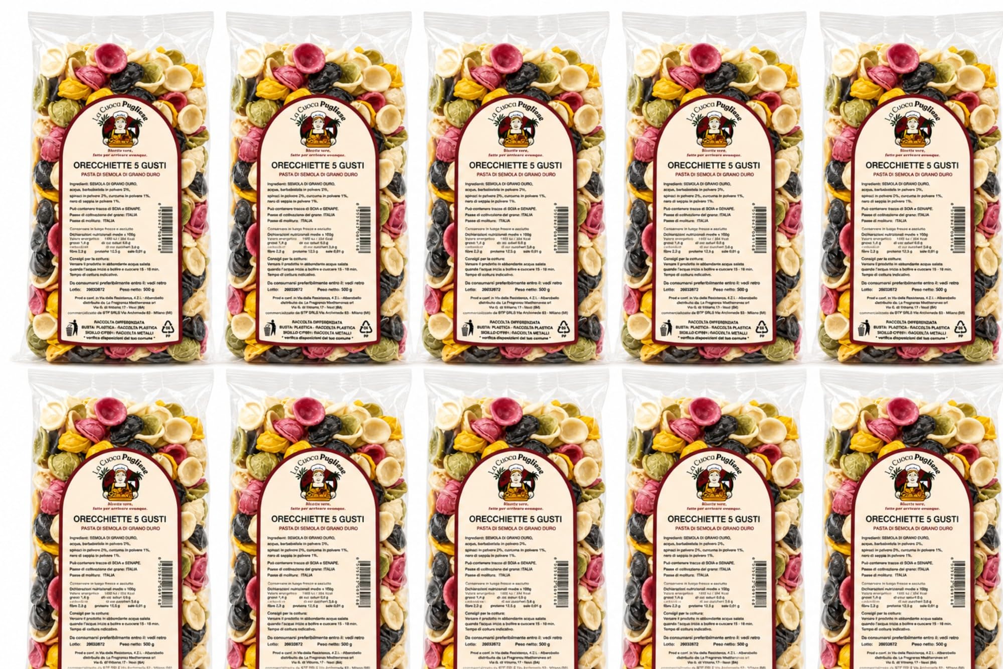 La Cuoca Pugliese - Orecchiette 5 Gusti, produzione artigianale pugliese, confezione da 10 pacchi x 500 g, pasta italiana